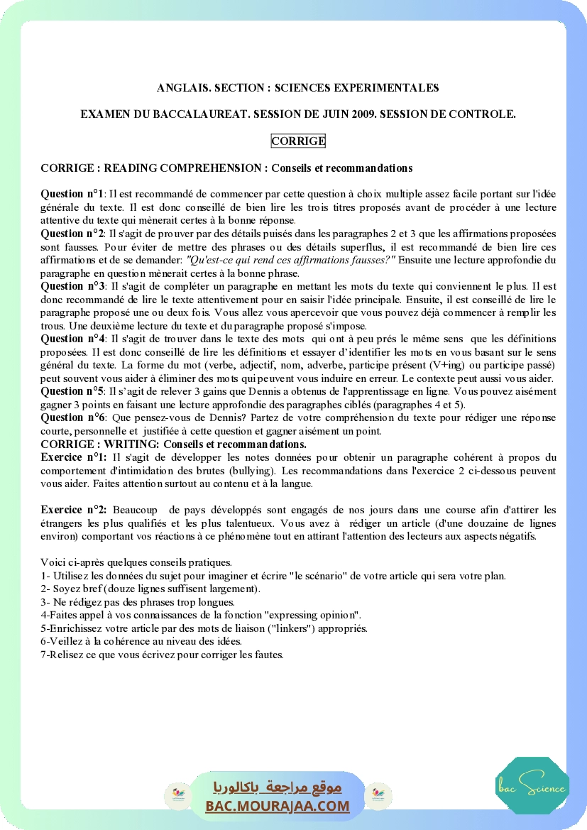 Corrigé controle anglais Bac 2009 – Section science